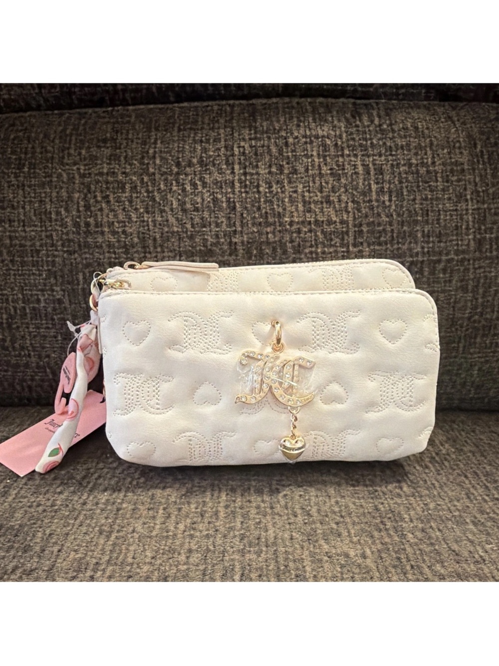 JUICY -White Quilted Double-Zip Women’s Clutch with Gold Charm NWT